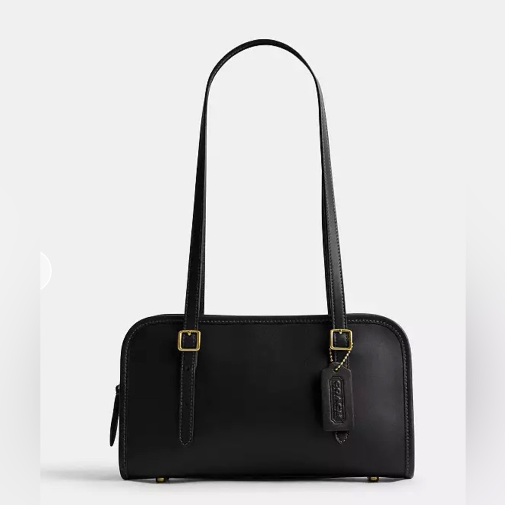 Coach Swing Zip Black Leather Shoulder Bag with Gold hardware